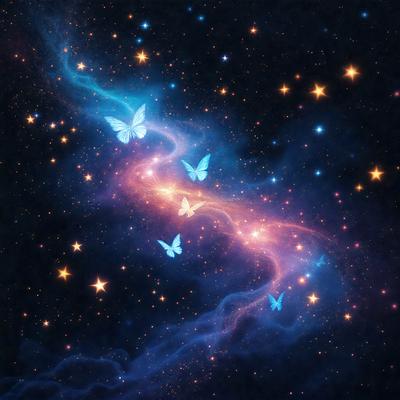 The primary subject of the image is a group of butterflies flying through a blue, swirling, and star-filled sky. The setting is a celestial background, with the butterflies flying against a backdrop of stars. The visual style is a digital art or illustration, creating a vibrant and lively atmosphere. The colors are predominantly blue and white, with the butterflies adding a touch of yellow. The overall mood is one of freedom, beauty, and wonder.